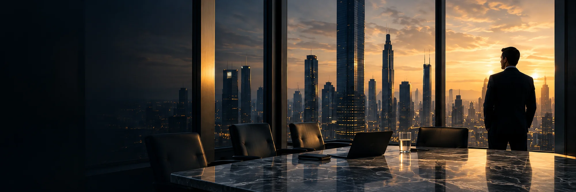 Panoramic office with a person looking out at the city at sunset; conceptual image.